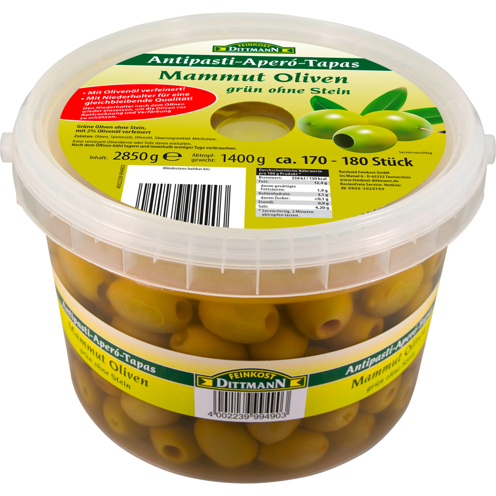 Feinkost Dittmann Mammut Oliven grün ohne Stein 2850g
