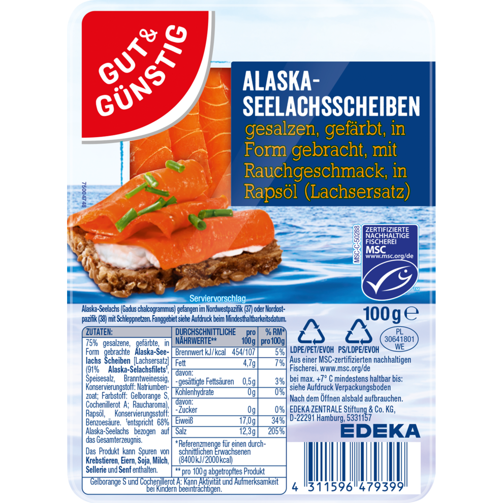 MSC GUT&GÜNSTIG Alaska Seelachs Scheiben 100g