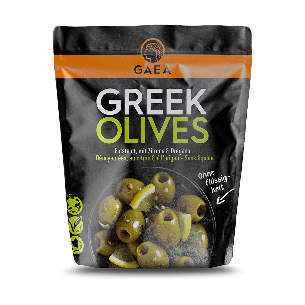 Gaea grüne Oliven ohne Stein Zitrone Basilikum 150g