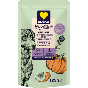 EDEKA Naturals Dog Geflügel mit Kalbsherzen,Naturreis, Kürbis und Distelöl 125g