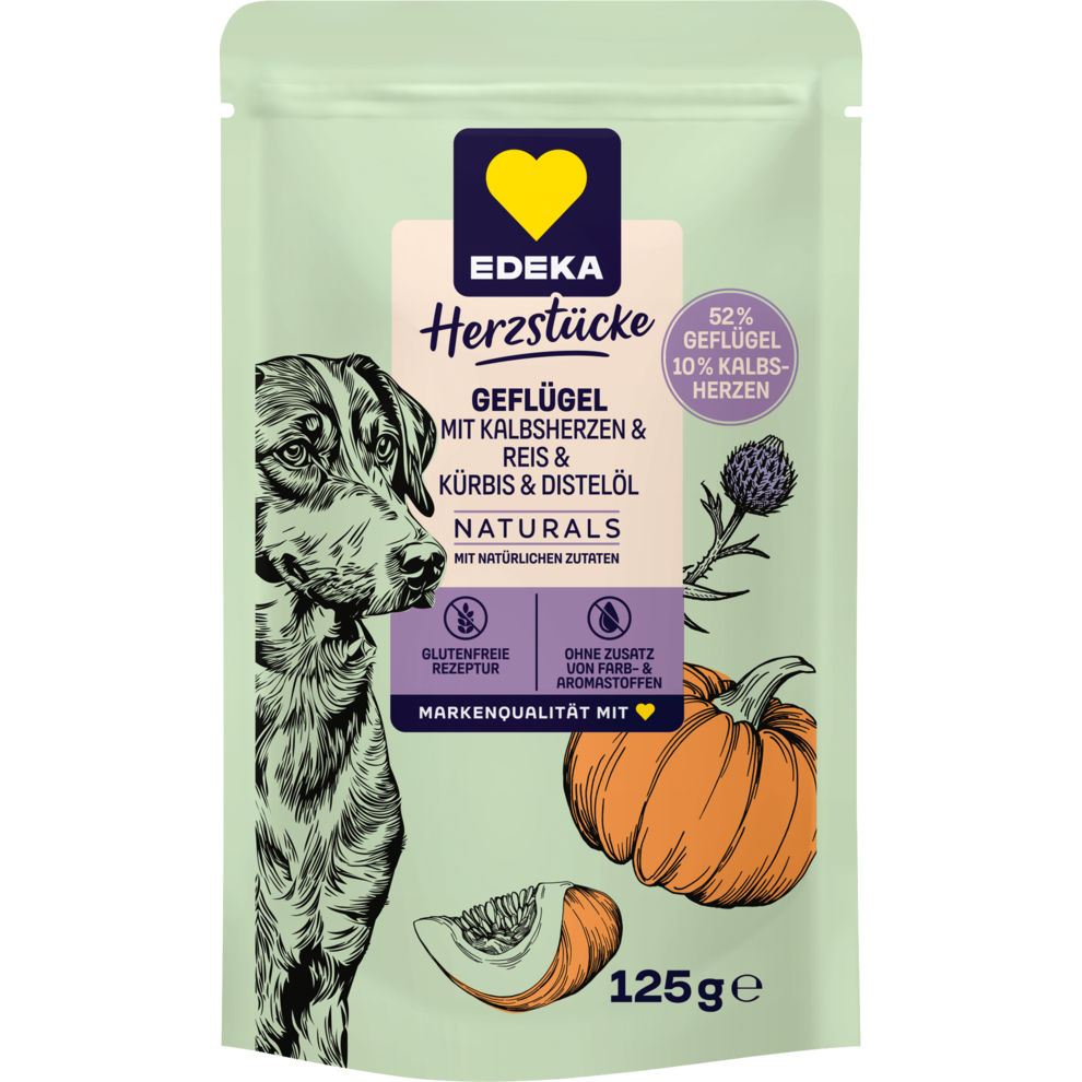 EDEKA Naturals Dog Geflügel mit Kalbsherzen,Naturreis, Kürbis und Distelöl 125g