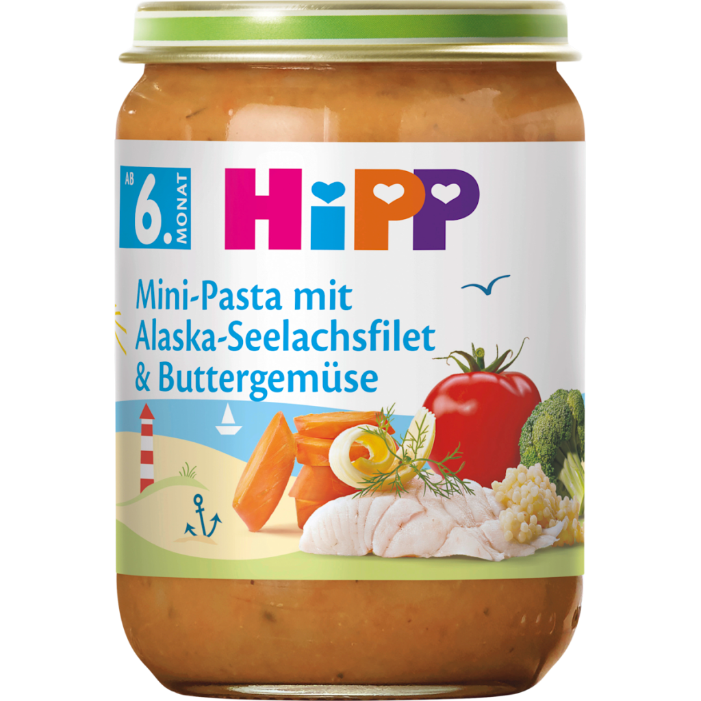 Hipp Menü Mini-Pasta mit Alaska-Seelachsfilet und Buttergemüse ab dem 6.Monat 190g
