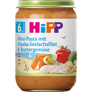 Hipp Menü Mini-Pasta mit Alaska-Seelachsfilet und Buttergemüse ab dem 6.Monat 190g