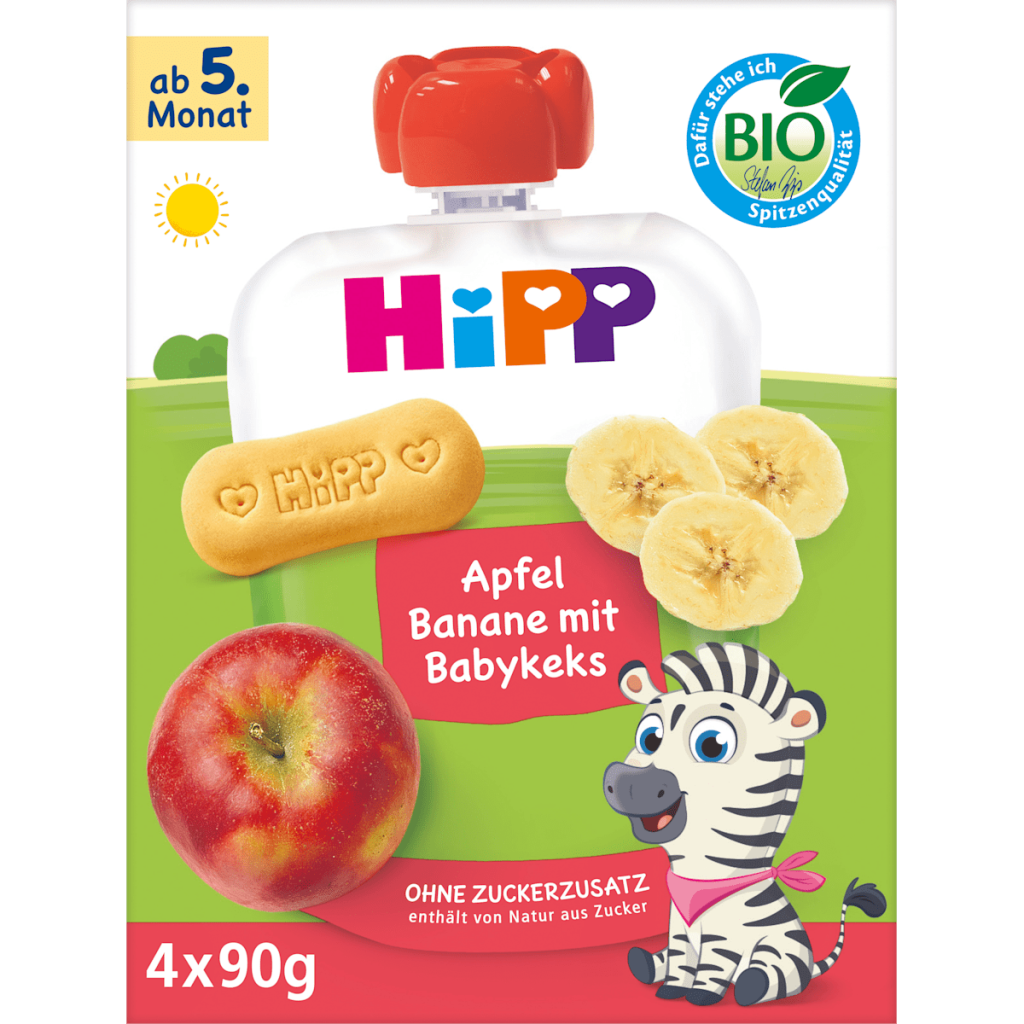 Bio Hipp Frucht&Getreide im Quetschbeutel Apfel-Banane&Babykeks nach dem 4.Monat 4x90g