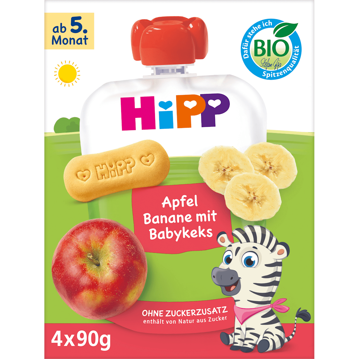 Bio Hipp Frucht&Getreide im Quetschbeutel Apfel-Banane&Babykeks nach dem 4.Monat 4x90g