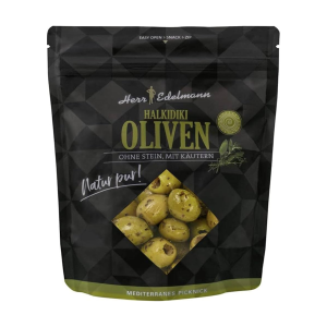 Herr Edelmann Halkidiki Oliven mit Kräutern ohne Stein 150g