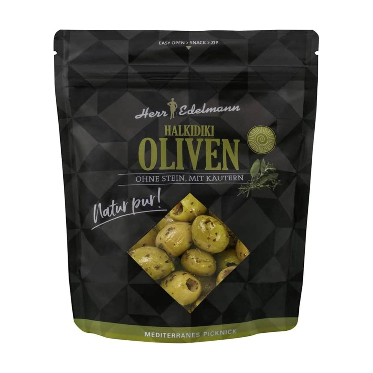 Herr Edelmann Halkidiki Oliven mit Kräutern ohne Stein 150g