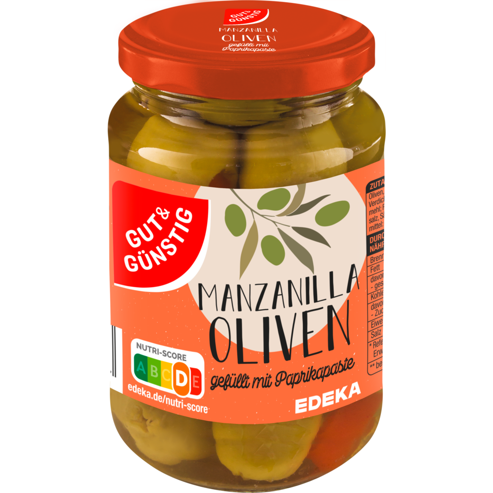 GUT&GÜNSTIG Oliven grün gefüllt mit Paprikapaste 340g