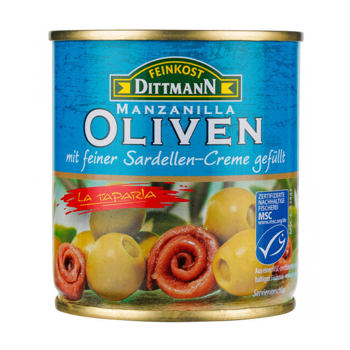 MSC Feinkost Dittmann Oliven grün gefüllt mit Sardellencreme 200g