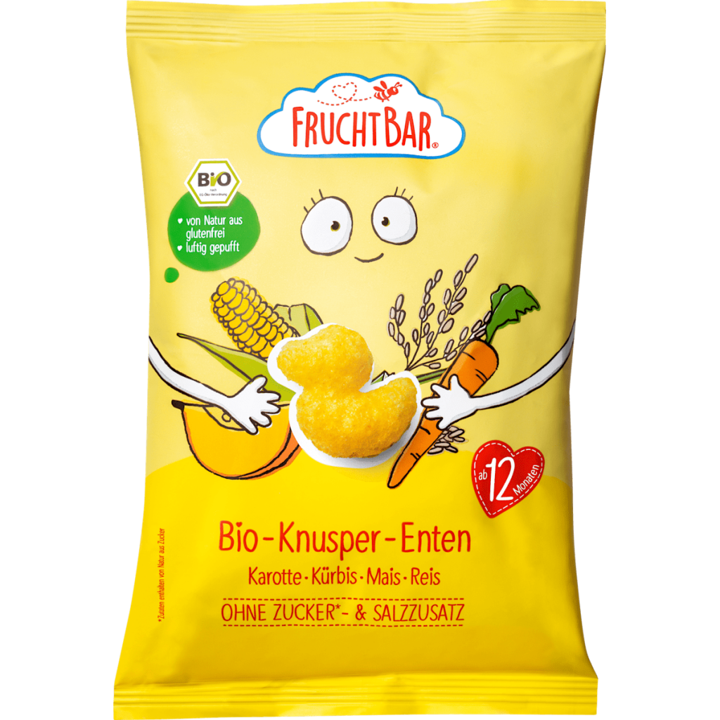 Bio Fruchtbar Knusper-Enten mit Karotte, Kürbis, Mais & Reis ab 12 Monaten 30g
