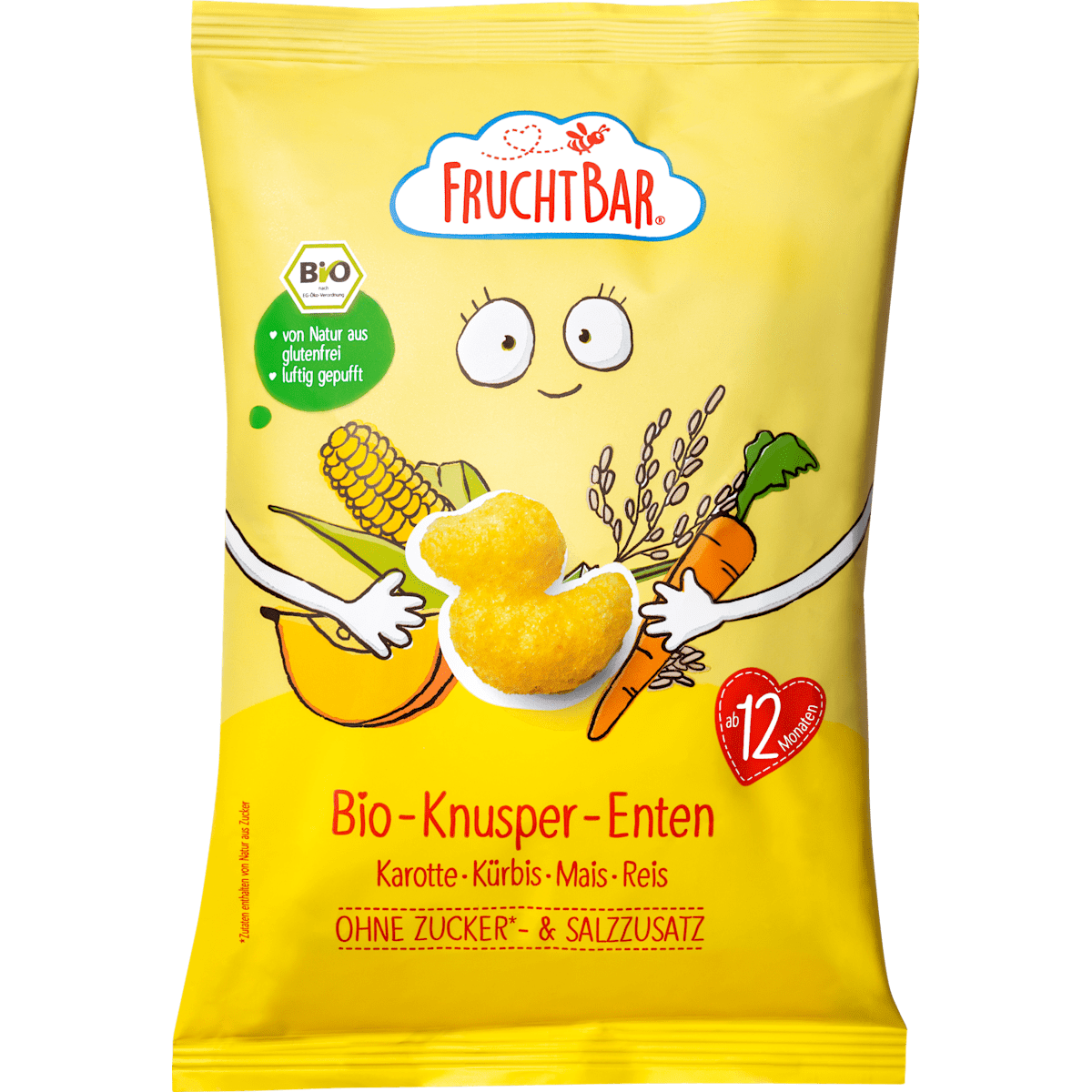 Bio Fruchtbar Knusper-Enten mit Karotte, Kürbis, Mais & Reis ab 12 Monaten 30g