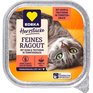 EDEKA Herzstücke Feines Ragout mit Huhn&Truthahn in Tomatensauce 100g