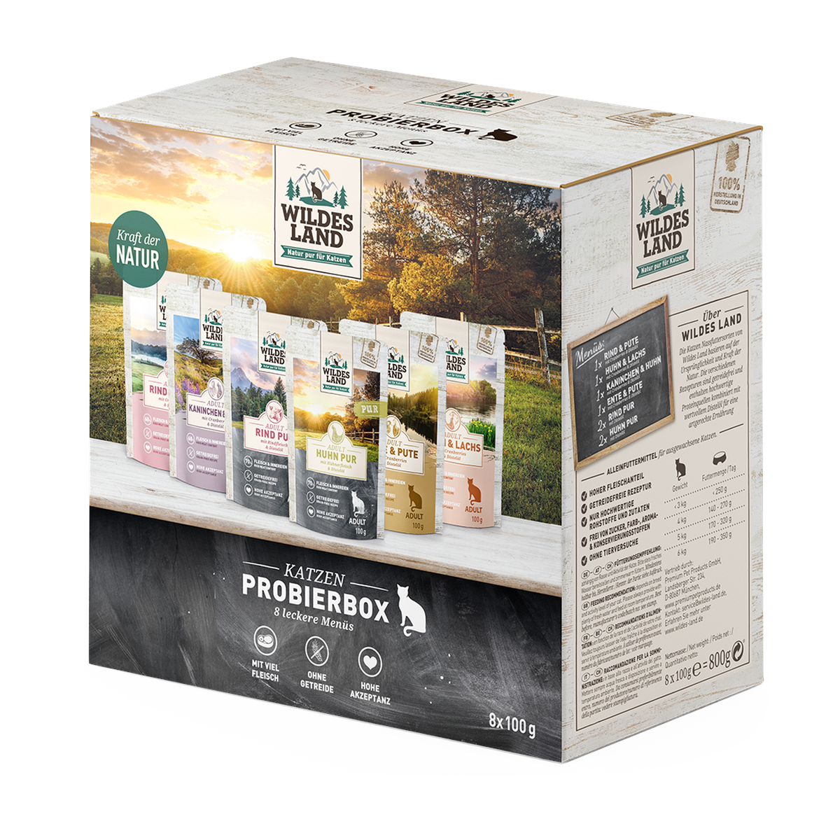 Wildes Land Nassfutter Katze Probierbox Pouch 8x100g