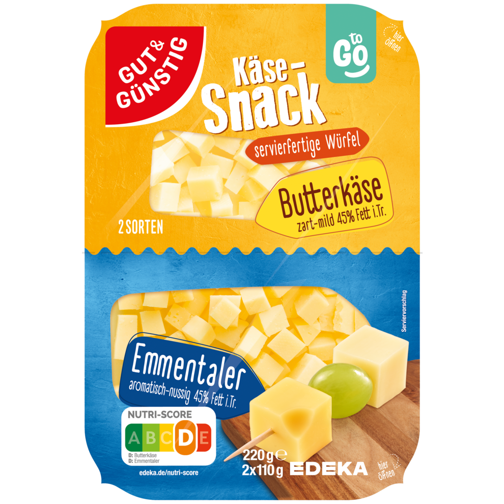 GUT&GÜNSTIG Käse Snack Butterkäse-Emmentaler 45% 2x110g VLOG