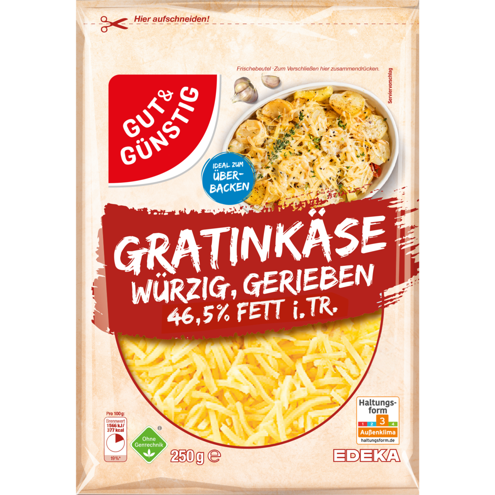 GUT&GÜNSTIG Gratinkäse würzig gerieben 47% 250g
