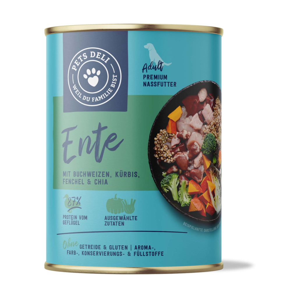 Pets Deli Nassfutter Ente mit Huhn, Kürbis, Buchweizen, Chia&Fenchel 400g