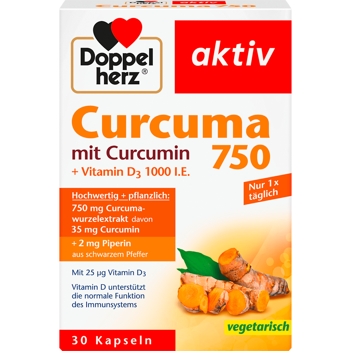Doppelherz Curcuma 750 mit Curcumin+Vitamin D3 1000I.E. 30Kapseln 26,7g