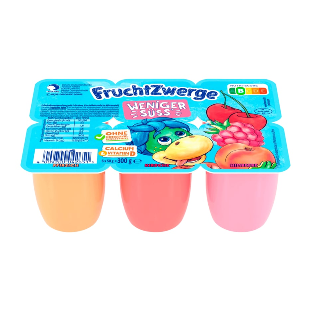 Danone Frucht Zwerge Weniger Süss Pfirsich, Kirsche, Himbeere 6x50g