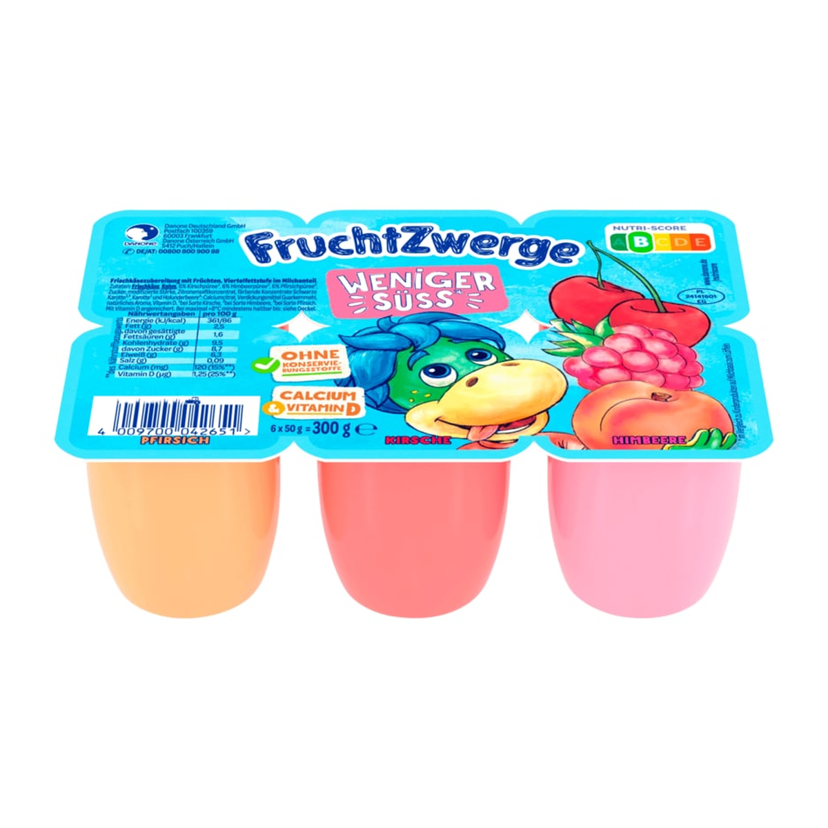 Danone Frucht Zwerge Weniger Süss Pfirsich, Kirsche, Himbeere 6x50g