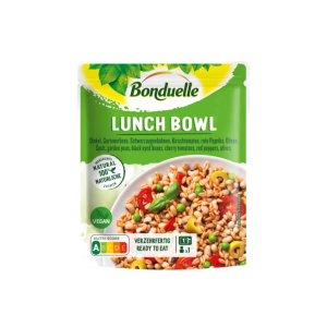 Bonduelle Lunch Bowl Dinkel+Gartenerbsen+Schwarzaugenbohnen+Kirschtomaten+rote Paprika+Oliven 250g