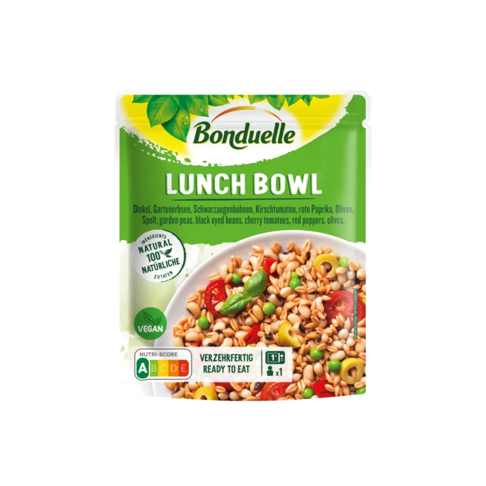 Bonduelle Lunch Bowl Dinkel+Gartenerbsen+Schwarzaugenbohnen+Kirschtomaten+rote Paprika+Oliven 250g