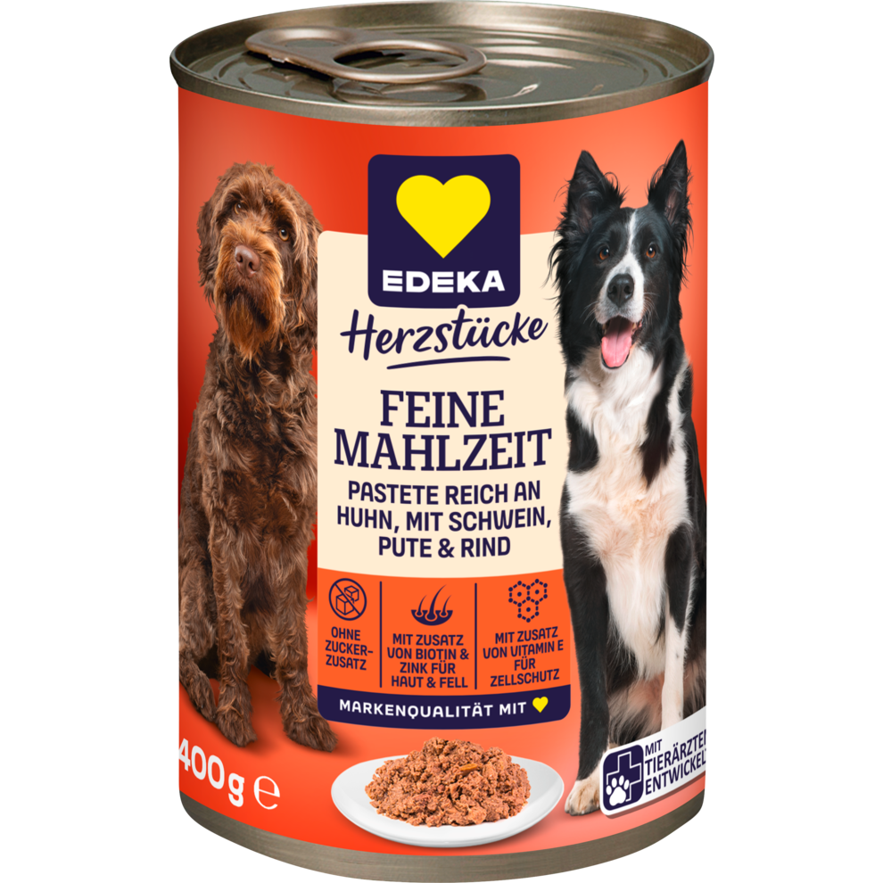 EDEKA Herzstücke Feine Mahlzeit Hund Reich an Huhn mit Schwein, Rind und Pute 400g