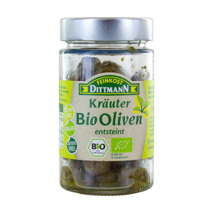 Bio Feinkost Dittmann Kräuteroliven grün ohne Stein 110g