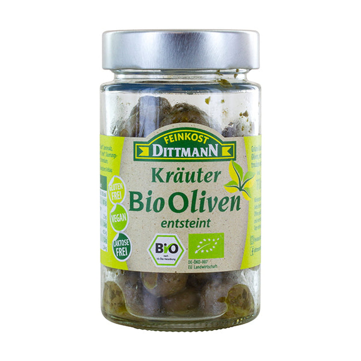 Bio Feinkost Dittmann Kräuteroliven grün ohne Stein 110g