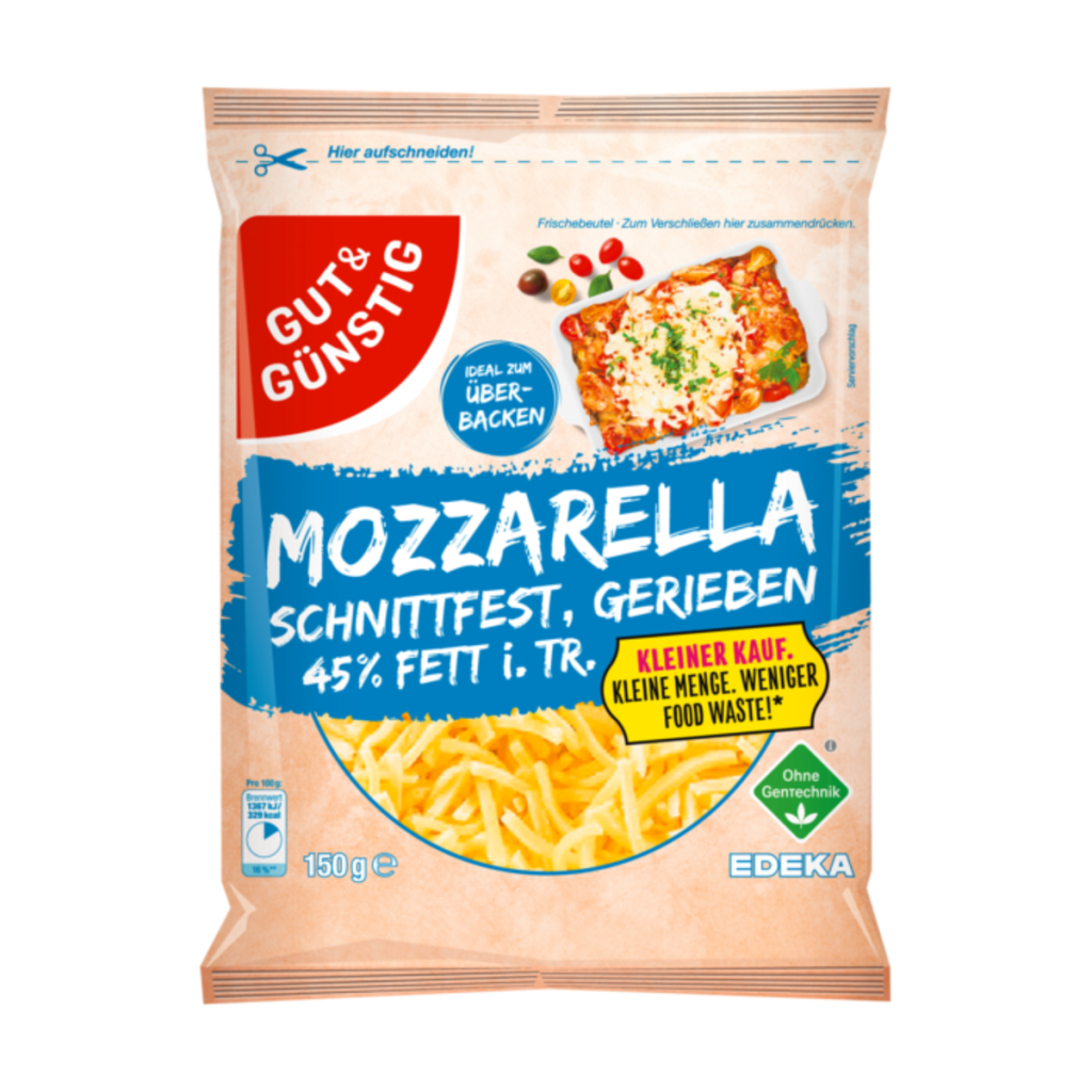 GUT&GÜNSTIG Mozzarella 45% gerieben Kleiner Kauf 150g
