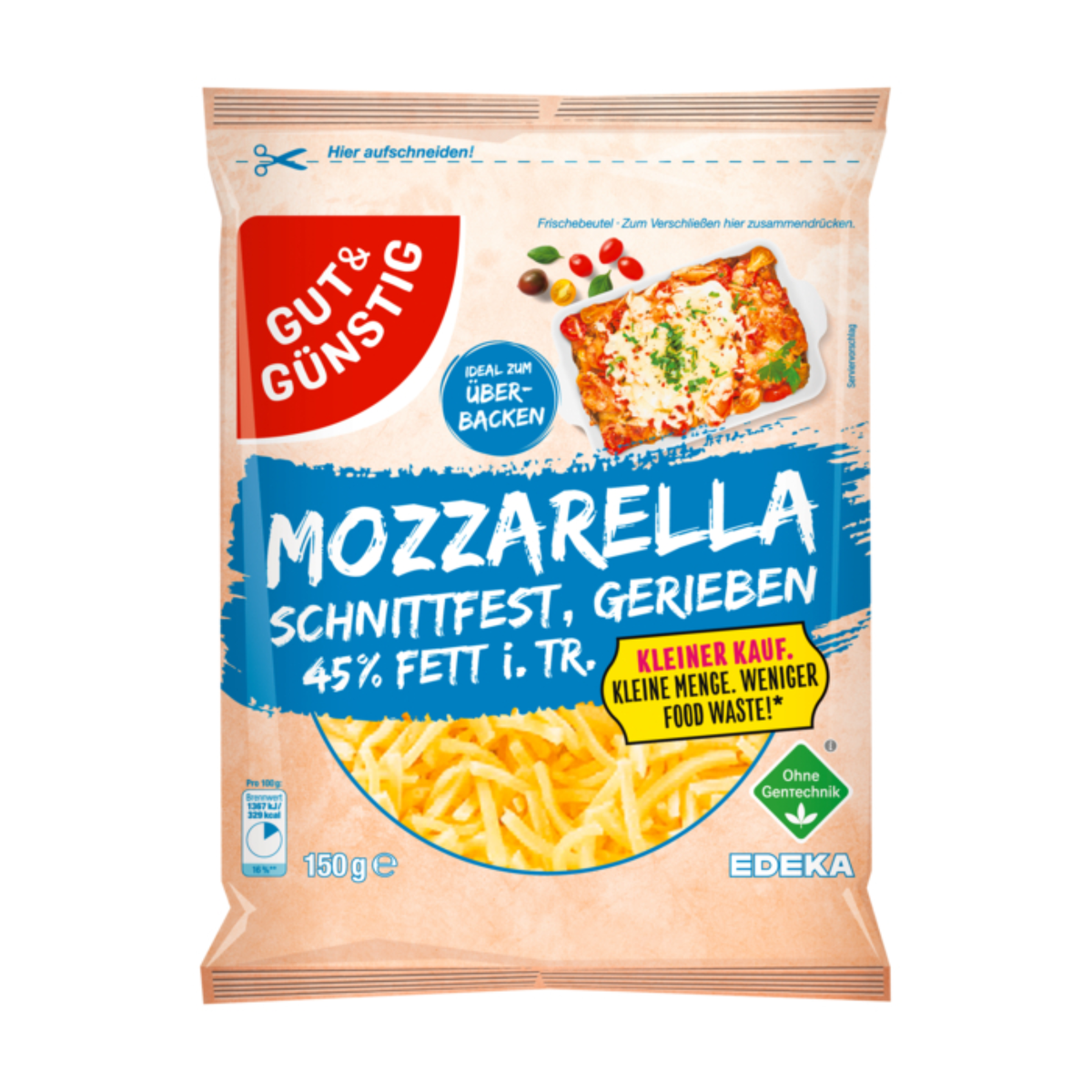 GUT&GÜNSTIG Mozzarella 45% gerieben Kleiner Kauf 150g