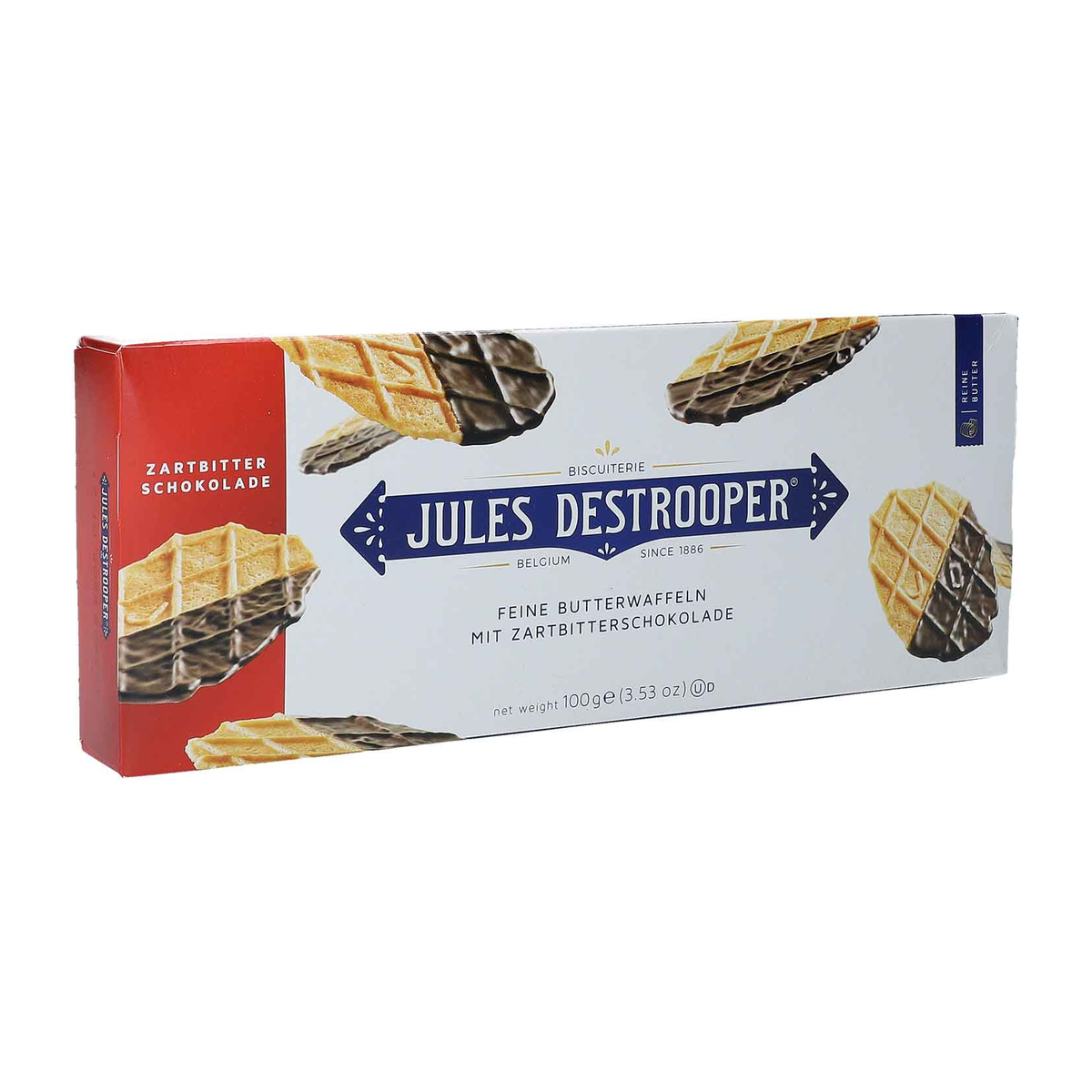 Jules Destrooper Butterwaffeln zur Hälfte schokoliert mit Zartbitterschokolade 100g