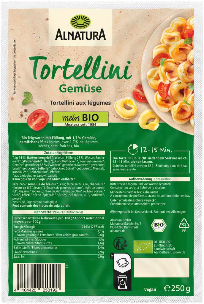 Bio Alnatura Tortellini Gemüse semi frisch 250g