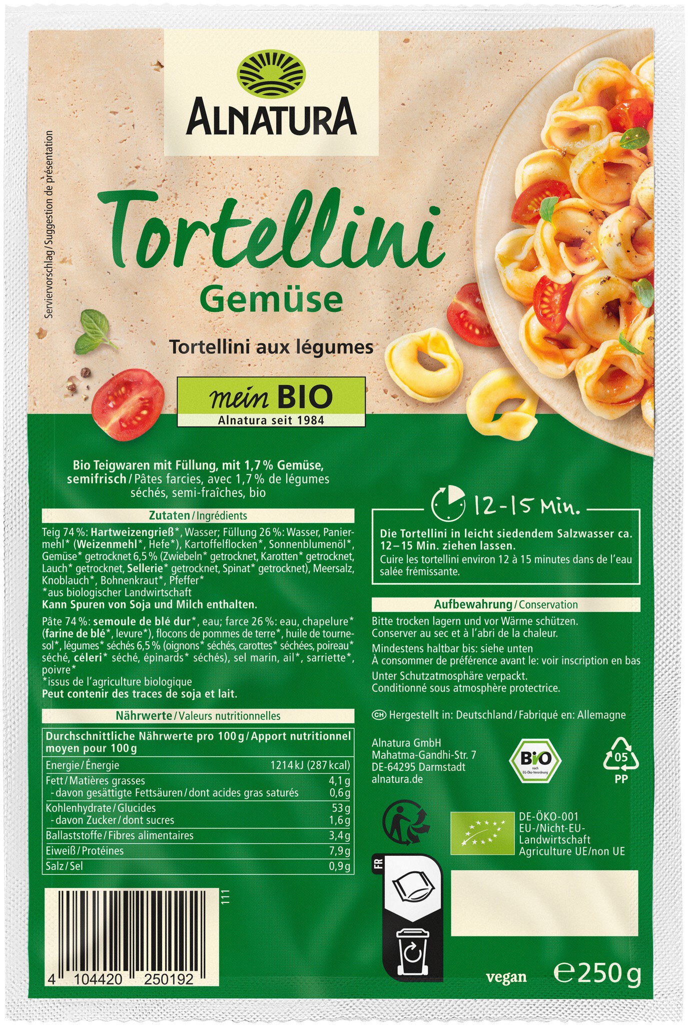 Bio Alnatura Tortellini Gemüse semi frisch 250g