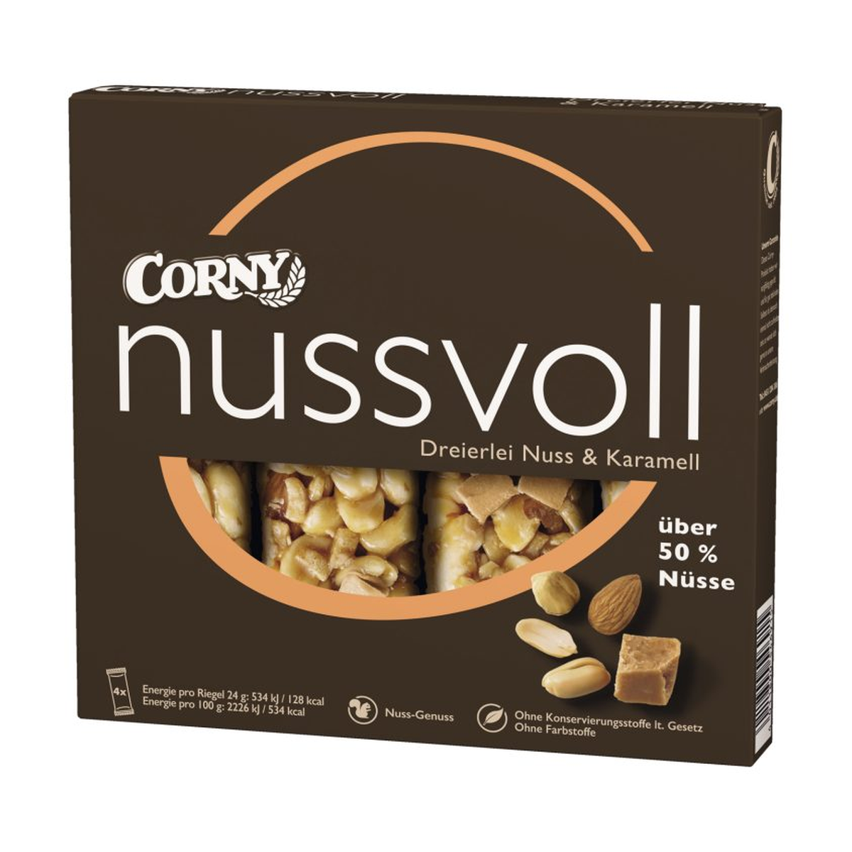 Corny Nussvoll Dreierlei Nuss & Karamell 4x24g