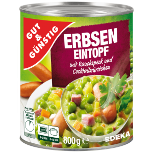 GUT&GÜNSTIG Erbseneintopf mit Rauchspeck und Cocktailwürstchen 800g