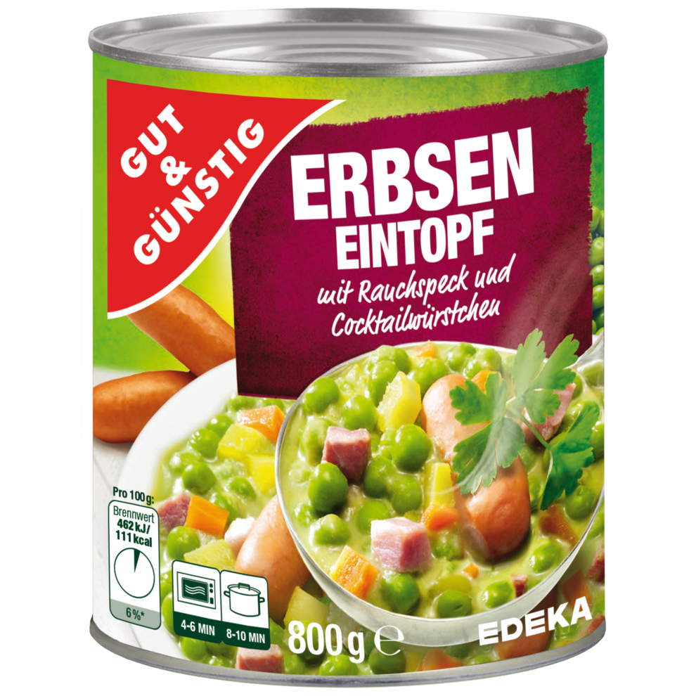 GUT&GÜNSTIG Erbseneintopf mit Rauchspeck und Cocktailwürstchen 800g