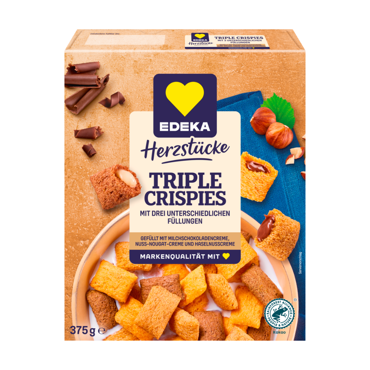 EDEKA Herzstücke Triple Crispies Milchschokoladencr.&Nuss-Nougatcr.m.Karam.Geschm.u.Salz Haselnusscr.375g