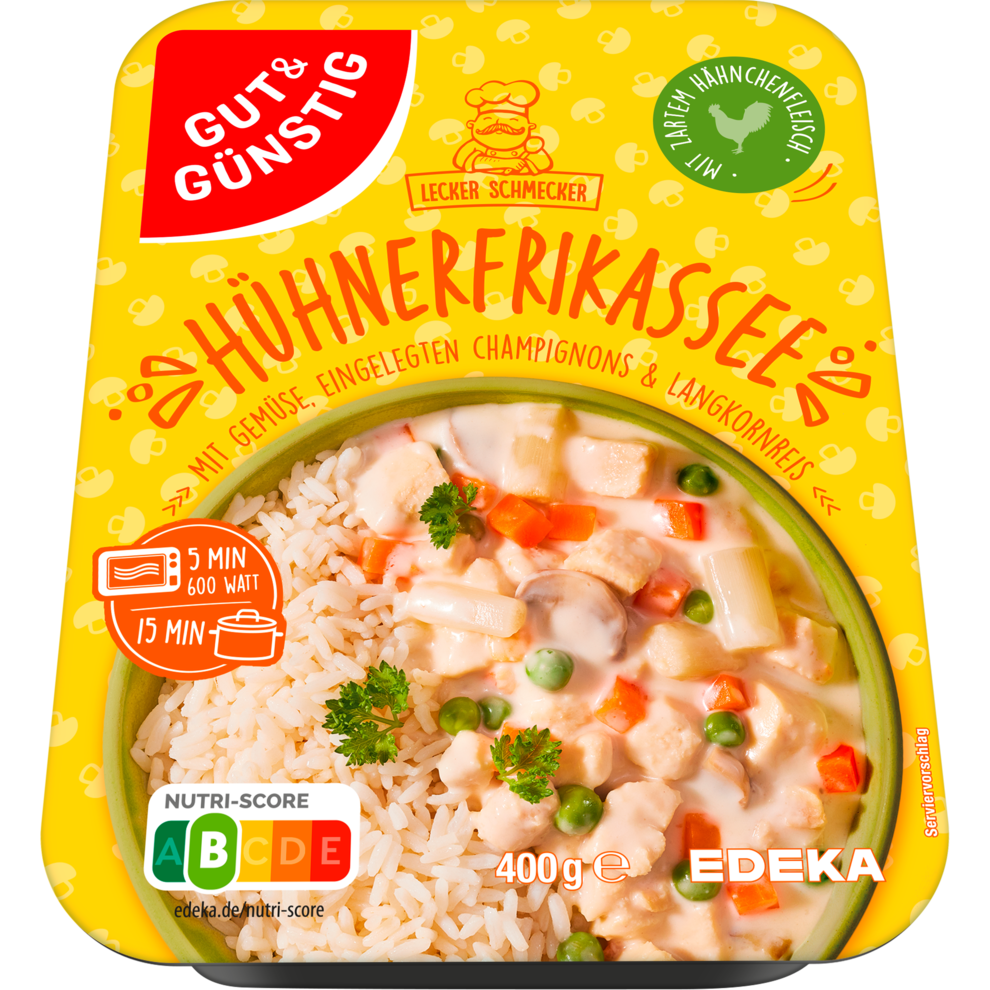 GUT&GÜNSTIG Hühnerfrikassee mit Fleisch, Gemüse, feinem Reis 400g