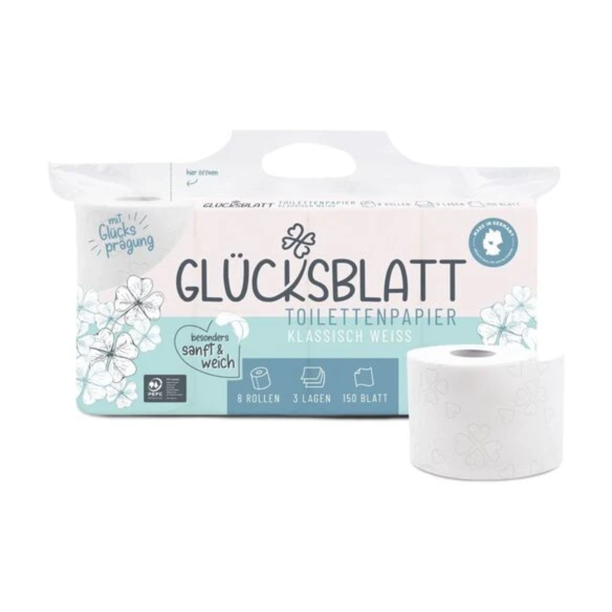 Glücksblatt Toilettenpapier Klassisch weiß 3-lagig 8x150BL
