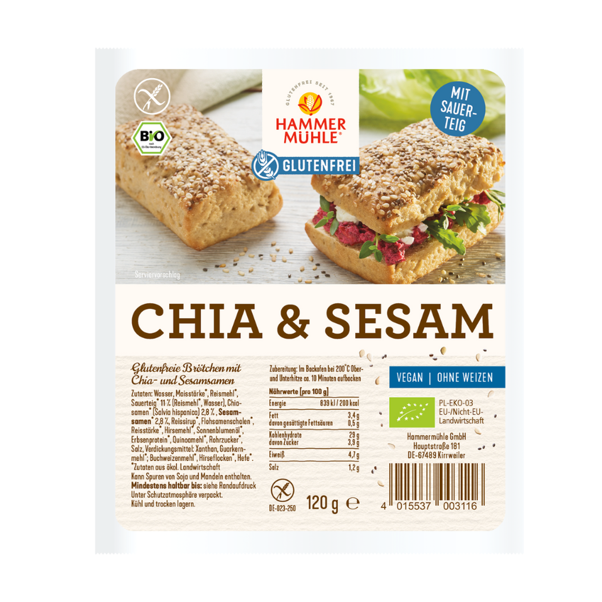 Bio Hammermühle Chia & Sesam Brötchen 120g