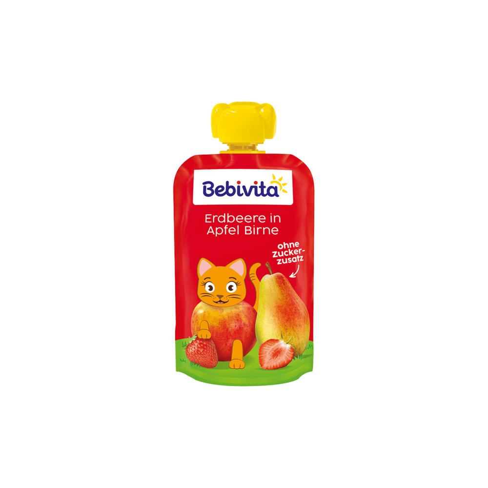 Bebivita Quetschbeutel Erdbeere in Apfel Birne 4x90g