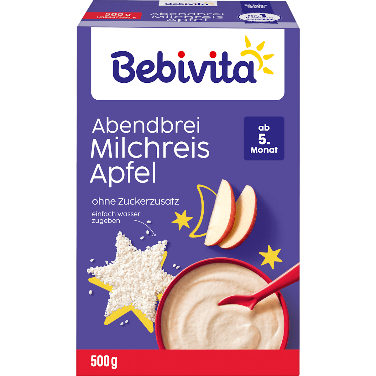 Bebivita Milchbrei ohne Zuckerzusatz Abendbrei Milchreis Apfel 500g