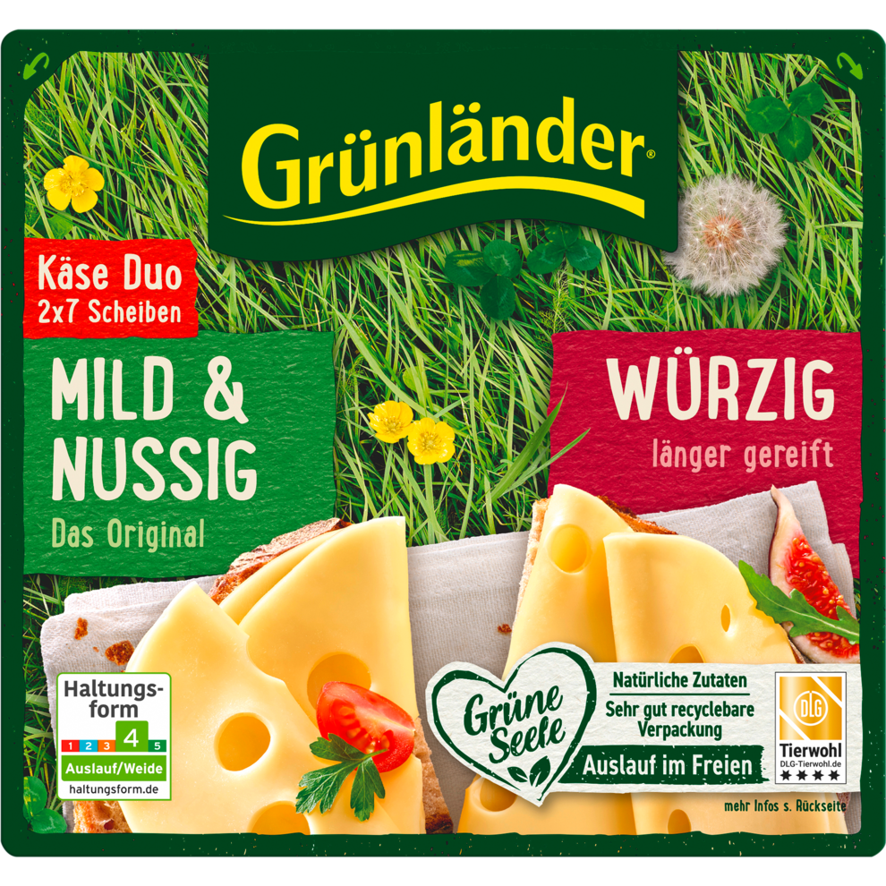 Grünländer Scheiben Käse Duo Mild&Nussig und Würzig 48% 140g