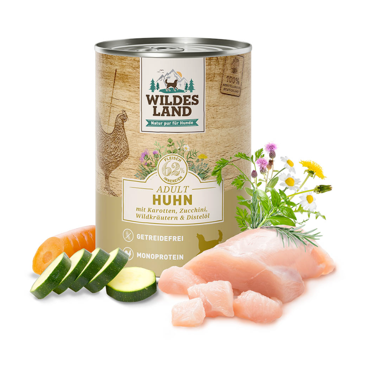 Wildes Land Huhn mit Karotten Zucchini Wildkräuter 400g