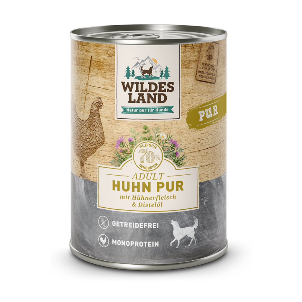Wildes Land Hund Nassfutter Huhn Pur mit Distelöl 400g