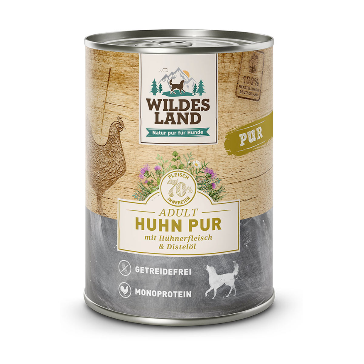 Wildes Land Hund Nassfutter Huhn Pur mit Distelöl 400g