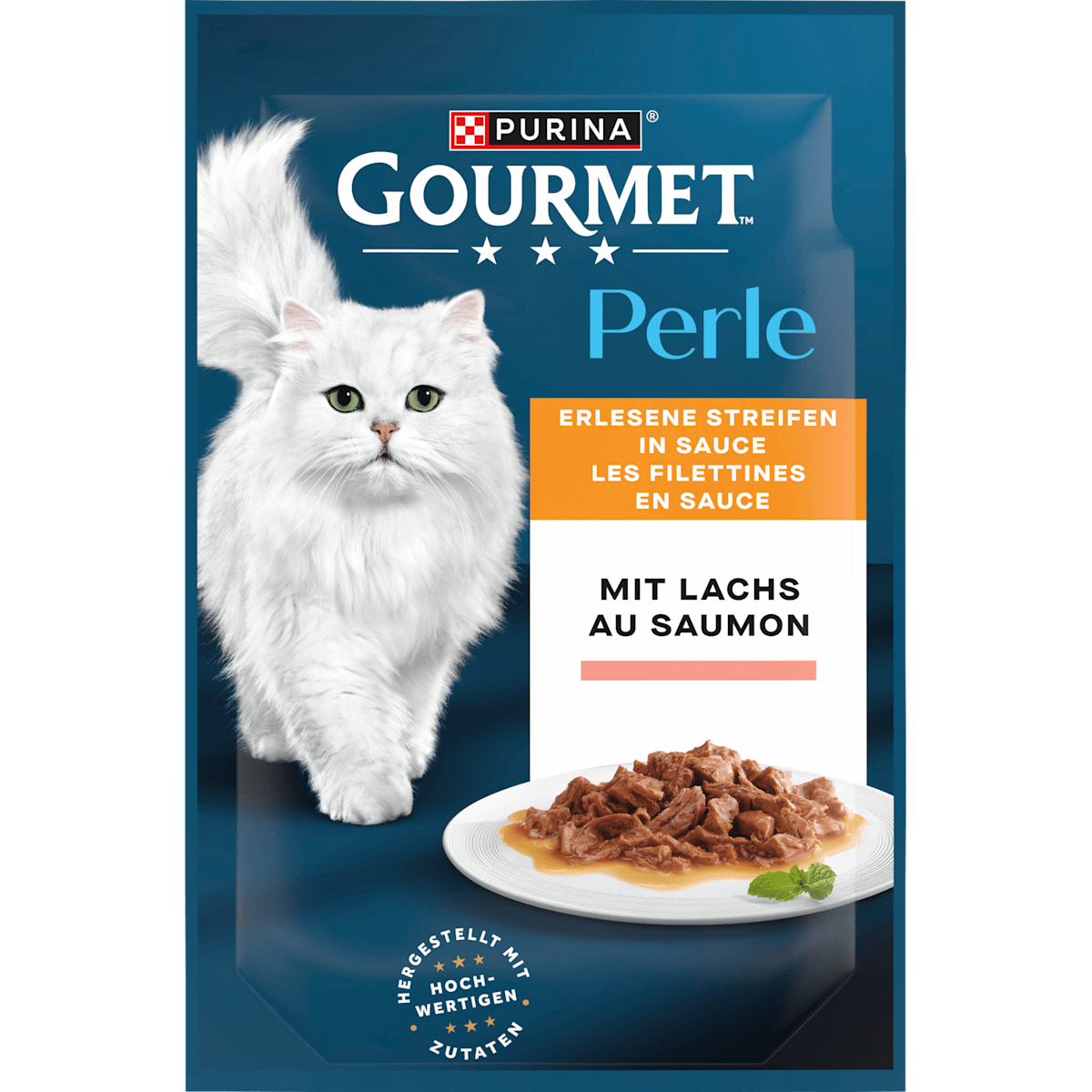 Gourmet Perle Erlesene Streifen mit Lachs Katzennassnahrung 85g