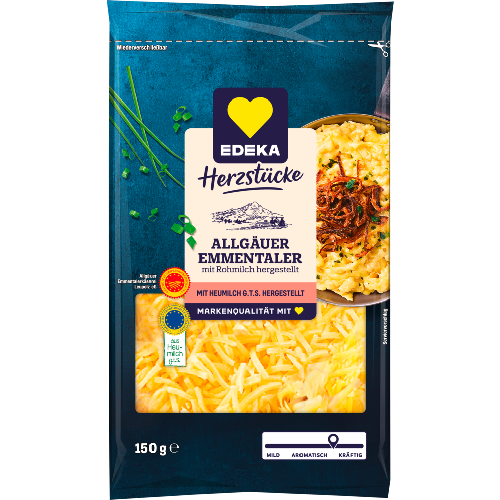 EDEKA Herzstücke Allgäuer Emmentaler gerieben 45% 150g VLOG
