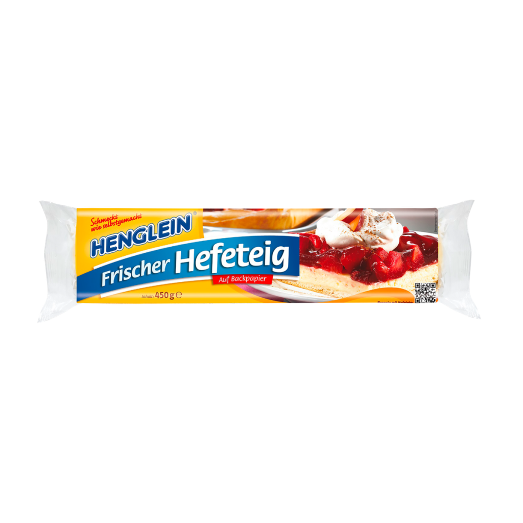 Henglein Frischer Hefeteig für Blechkuchen ausgerollt auf Backpapier 450g