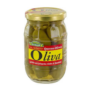 Feinkost Dittmann Oliva Queens Oliven mit Mandeln und Jalapeno Chilis 300g